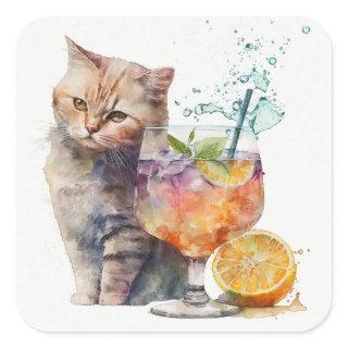 Funny cute cat with a cocktail watercolor sticker