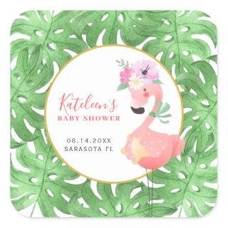 Funny cute pink flamingo baby shower blush square  square sticker