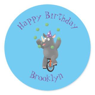 Funny cute rhino juggling on unicycle classic round sticker