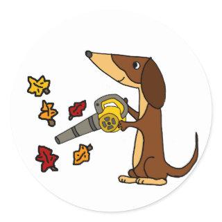 Funny Dachshund Dog using Leaf Blower Classic Round Sticker