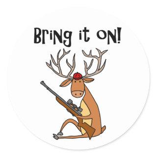 Funny Deer with Hunting Rifle and Cap Classic Round Sticker