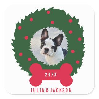 Funny Dog Lover's Christmas Wreath With Dog Photo Square Sticker