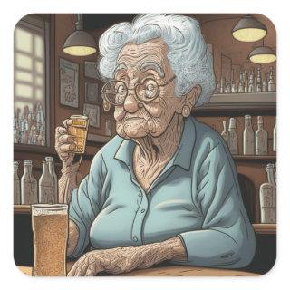 Funny Drinking Humor Old Lady with Beer and Shot Square Sticker