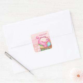 Funny Easter Flamingo and Bunny Easter Basket Square Sticker