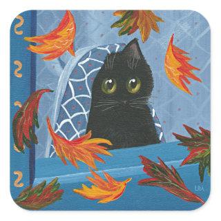 Funny Fall Black Cat Creationarts Square Sticker