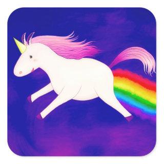 Funny Flying Unicorn Farting a Rainbow Square Sticker
