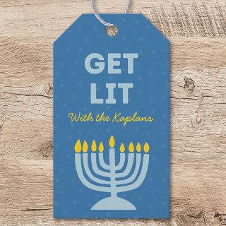 Funny "Get Lit" Chic Personalized Menorah Hanukkah Gift Tags