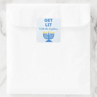 Funny "Get Lit" Chic Personalized Menorah Hanukkah Square Sticker
