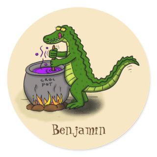 Funny green alligator cooking cartoon classic round sticker