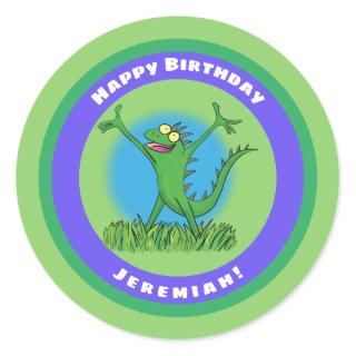 Funny green animated iguana lizard classic round sticker