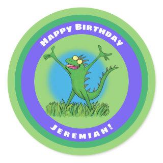 Funny green animated iguana lizard classic round sticker