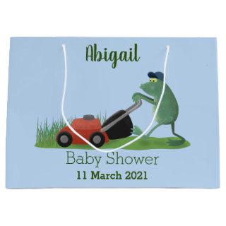 Funny green frog mowing lawn cartoon large gift bag