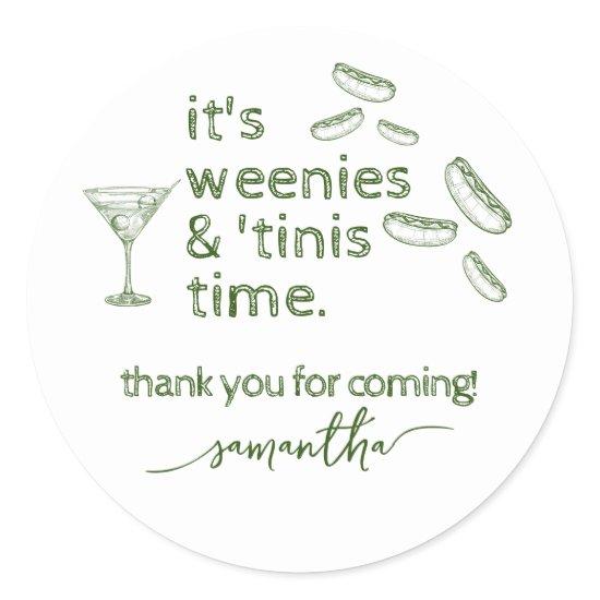 Funny Green Weenies & Tinis Martini Birthday Party Classic Round Sticker