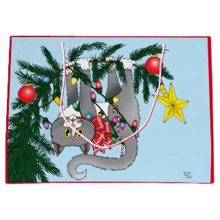 Funny Hanging Christmas Tree Cat Large Gift Bag