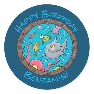 Funny happy sea creatures underwater cartoon classic round sticker