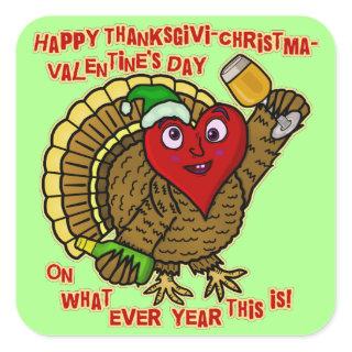 Funny Holiday Drunk Turkey Heart Square Sticker