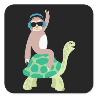 Funny Lazy Sloth Riding Sea Turtle Hona Gift Square Sticker