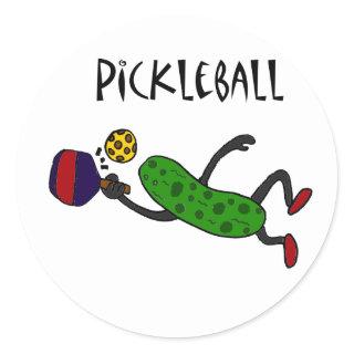 Funny Leaping Pickle Playing Pickleball Classic Round Sticker