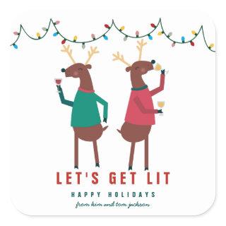 Funny Let's Get Lit Wine Drinking Reindeer Square Sticker