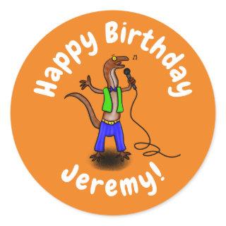 Funny lizard singing with microphone cartoon classic round sticker