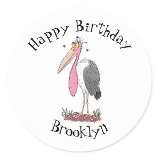 Funny marabou stork cartoon classic round sticker