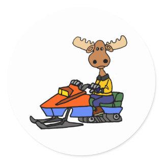 Funny Moose Snowmobiling Classic Round Sticker