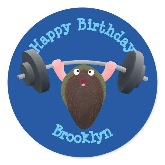 Funny mussel working out cartoon illustration  cla classic round sticker