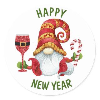 Funny New Year Party Gnome Classic Round Sticker