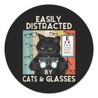 Funny Optometry Easily Distracted By Cats & Glasse Classic Round Sticker