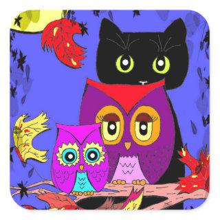 Funny Owls Black Cat Fall Moon Creationarts Square Sticker