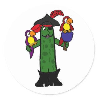 Funny Pickle Pirate with Parrots Classic Round Sticker