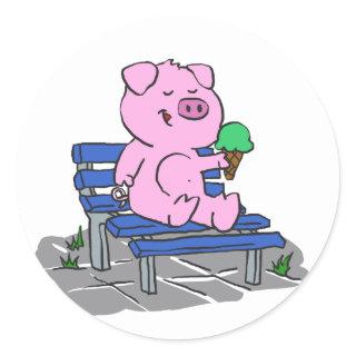 Funny pig eating ice cream | choose back color classic round sticker