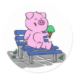 Funny pig eating ice cream | choose back color classic round sticker