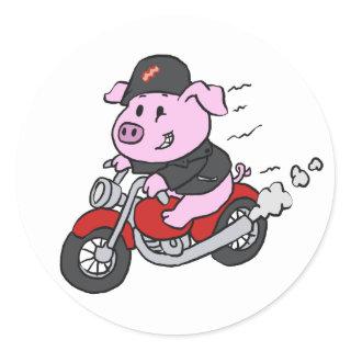 Funny pig riding motorcycle | choose back color classic round sticker