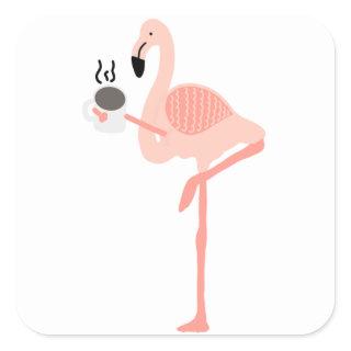 Funny Pink Flamingo Drinking Coffee Square Sticker