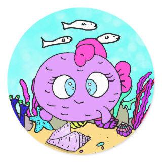 Funny Purple Fish Sea Creatures Beachy Classic Round Sticker