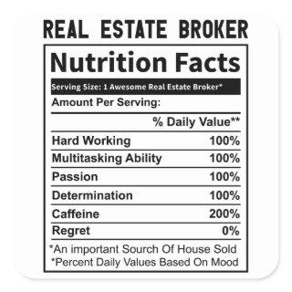 Funny Real Estate Broker Realtor Nutrition Facts Square Sticker