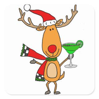 Funny Reindeer Drinking Margarita Christmas Art Square Sticker