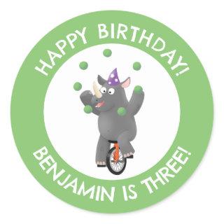 Funny rhino on unicycle personalized birthday classic round sticker