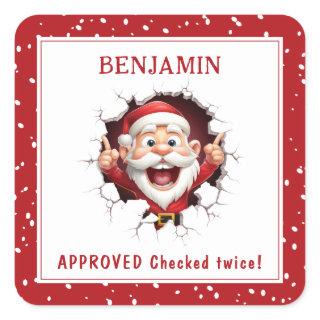 Funny Santa Claus breaking through Name Christmas Square Sticker