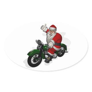 Funny Santa Claus On Green Vintage Motorbike Oval Sticker
