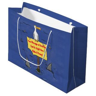 Funny sea bird circled by sharks cartoon large gift bag