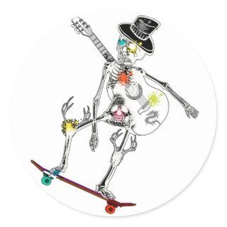 funny skeleton on skateboard and guitar design classic round sticker