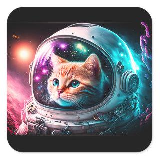 Funny Space Cat Astronaut Kitty Galaxy Universe Square Sticker