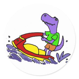 Funny T-rex Dinosaur Jet Skiing Cartoon Classic Round Sticker