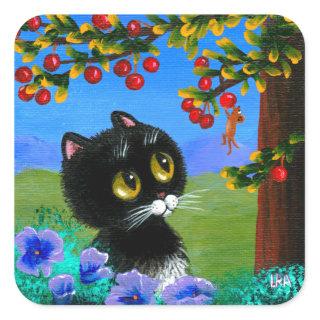 Funny Tuxedo Cat Mouse Creationarts Square Sticker