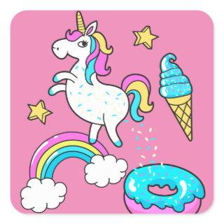 Funny unicorn pooping rainbow sprinkles on donut square sticker