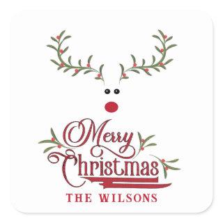 Funny whimsy holly berry reindeer Holiday  Square Sticker