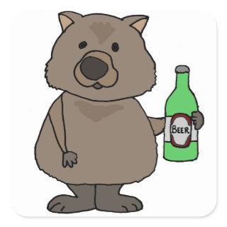 Funny Wombat Drinking Bottle of Beer Cartoon Square Sticker