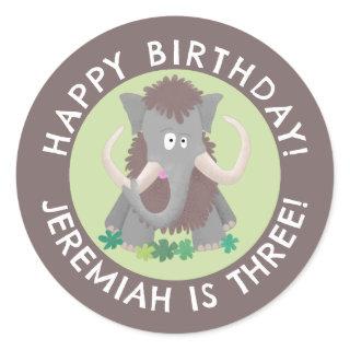 Funny woolly mammoth cartoon personalized birthday classic round sticker